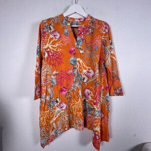 Chico's Womens 3/4 Sleeve Coral Cotton Slub V-Neck Tunic Top 3 XL Sharkbite Hem